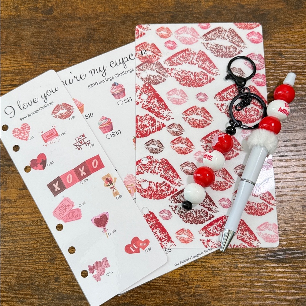 Red & White Stationery Set Pen and Keychain • Cash Stuffing • A6 Dashboard